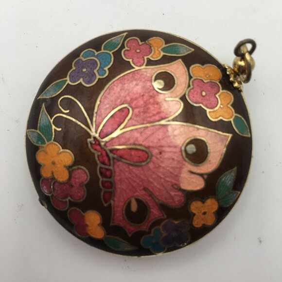 Cloisonne Butterfly Pendant Necklace Black Pink Enamel Puff Double Sided Flowers - Picture 1 of 14